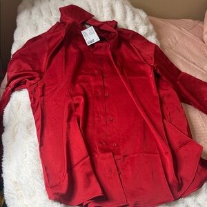 H&M Red Satin Button-Up Blouse